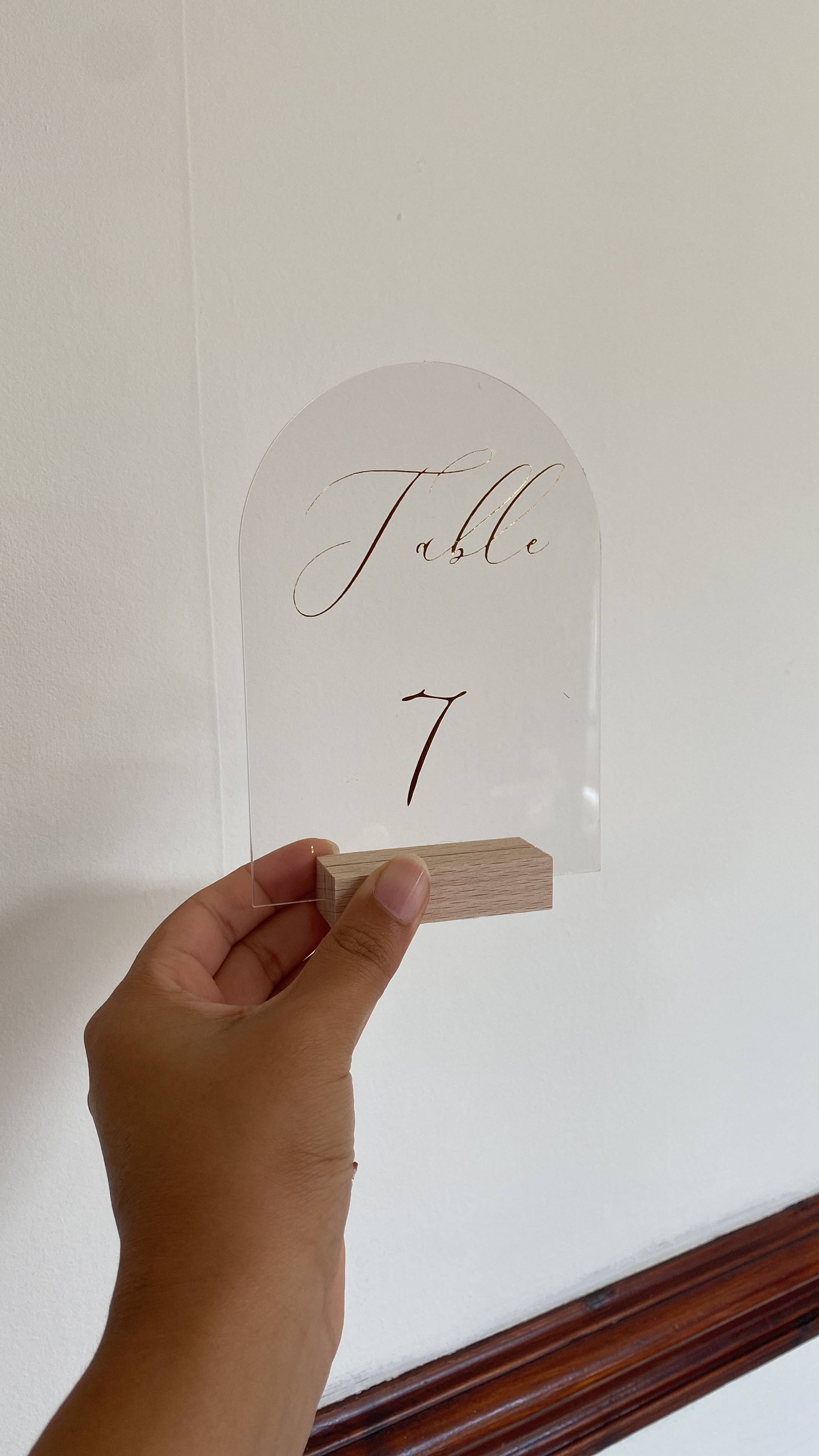 Acrylic Arch Table Numbers with Wooden Stand